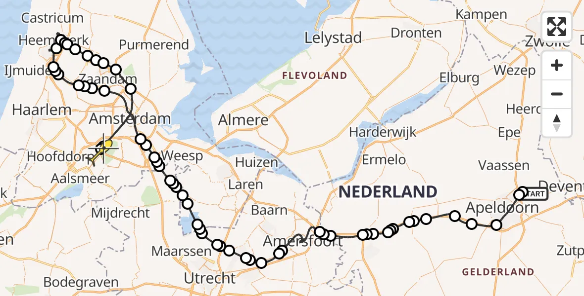 Routekaart van de vlucht: Politiehelikopter naar Schiphol, de Zanden