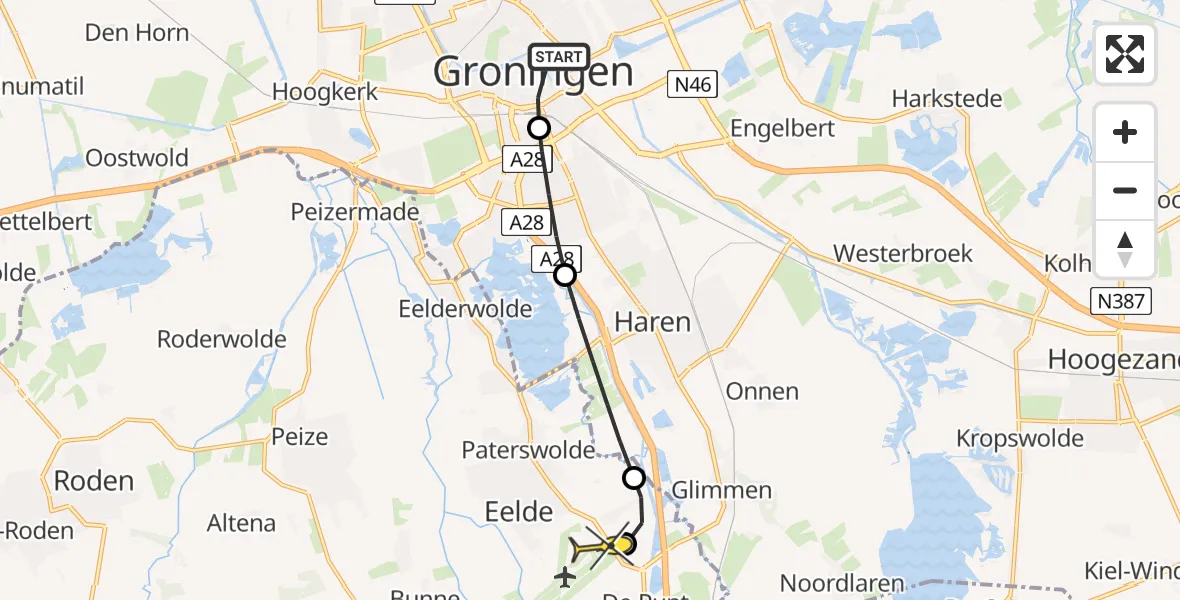 Routekaart van de vlucht: Lifeliner 4 naar Groningen Airport Eelde, Hereplein