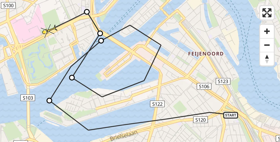 Routekaart van de vlucht: Lifeliner 2 naar Erasmus MC, Maashaven Zuidzijde