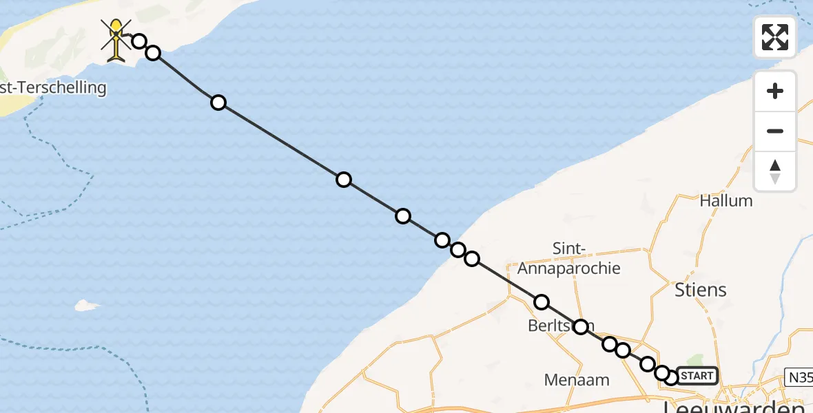 Routekaart van de vlucht: Ambulancehelikopter naar Midsland, Sasker van Heringawei
