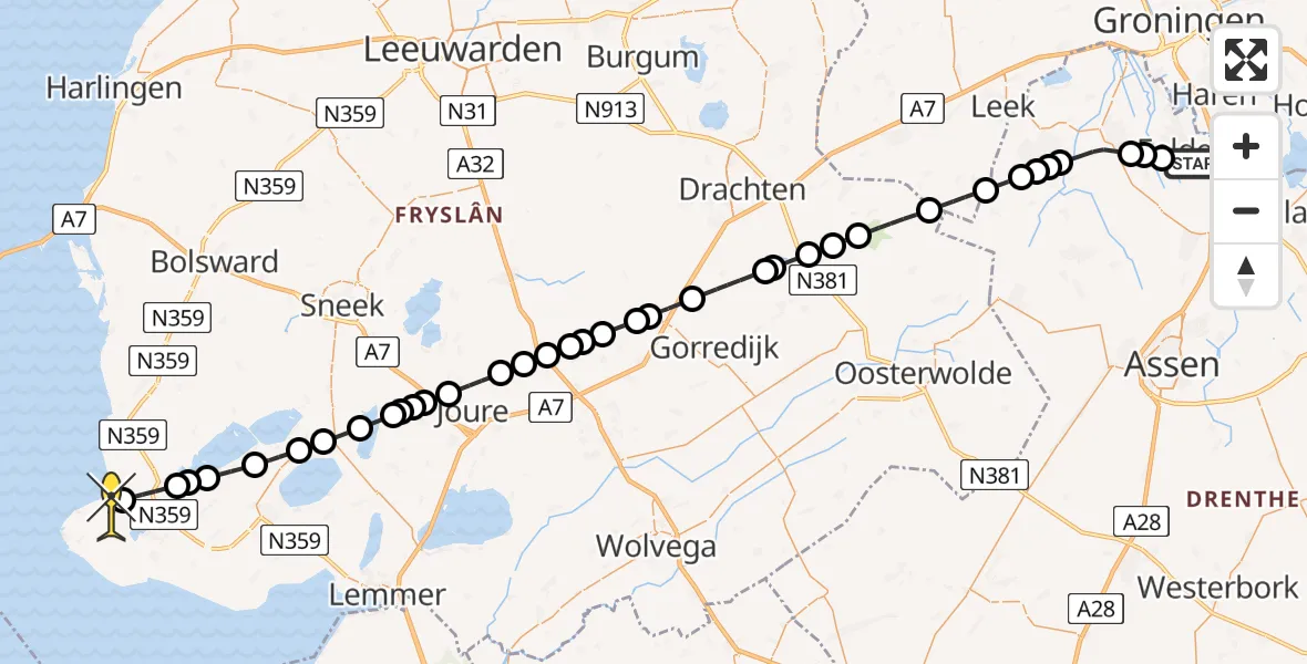 Routekaart van de vlucht: Lifeliner 4 naar Molkwerum, Molenweg