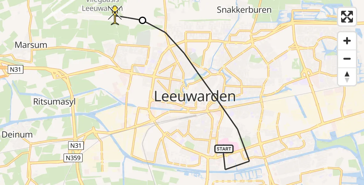 Routekaart van de vlucht: Ambulanceheli naar Vliegbasis Leeuwarden, Fioringras