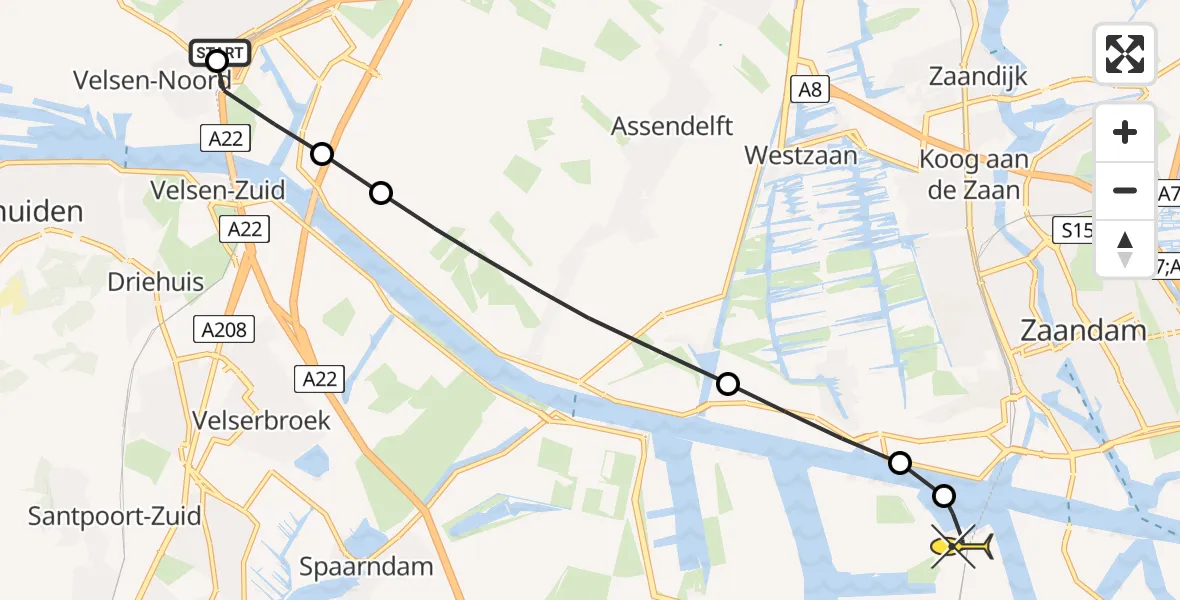 Routekaart van de vlucht: Lifeliner 1 naar Amsterdam Heliport, Olieweg