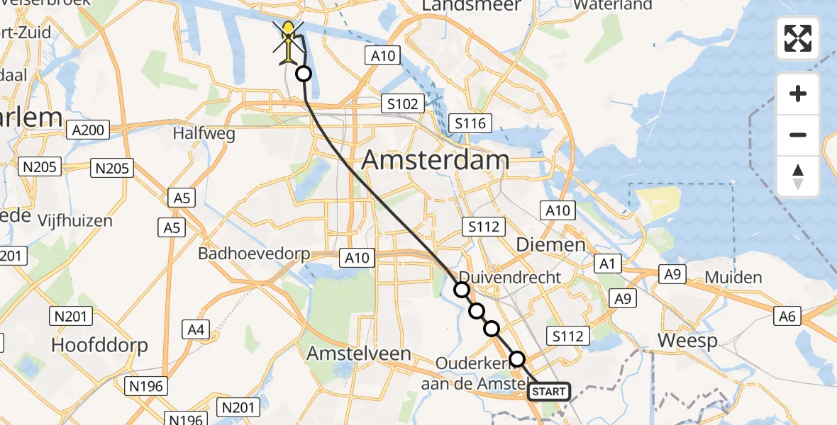Routekaart van de vlucht: Lifeliner 1 naar Amsterdam Heliport, Sijsjesbergweg