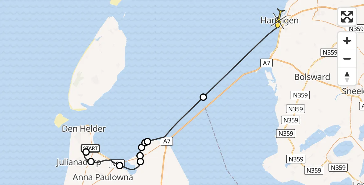 Routekaart van de vlucht: Kustwachthelikopter naar Harlingen, Middenvliet