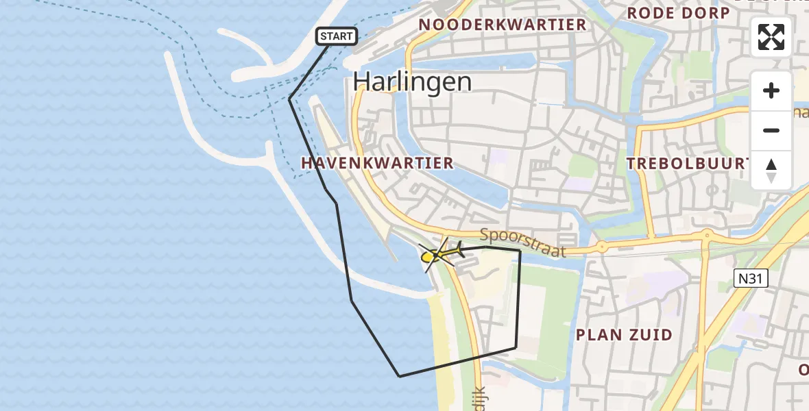 Routekaart van de vlucht: Kustwachthelikopter naar Harlingen, Westerzeedijk