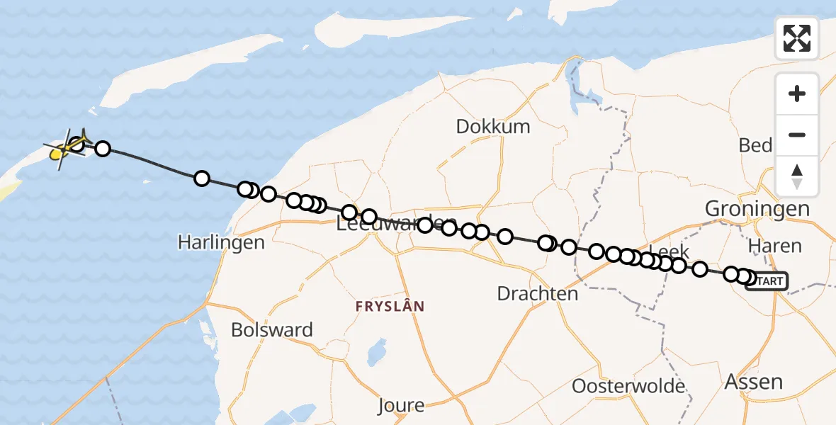 Routekaart van de vlucht: Lifeliner 4 naar Vlieland Heliport, Molenweg