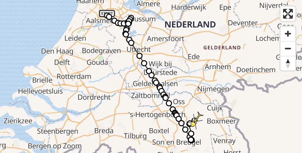 Vluchtroute Politiehelikopter van Schiphol naar Vliegbasis Volkel