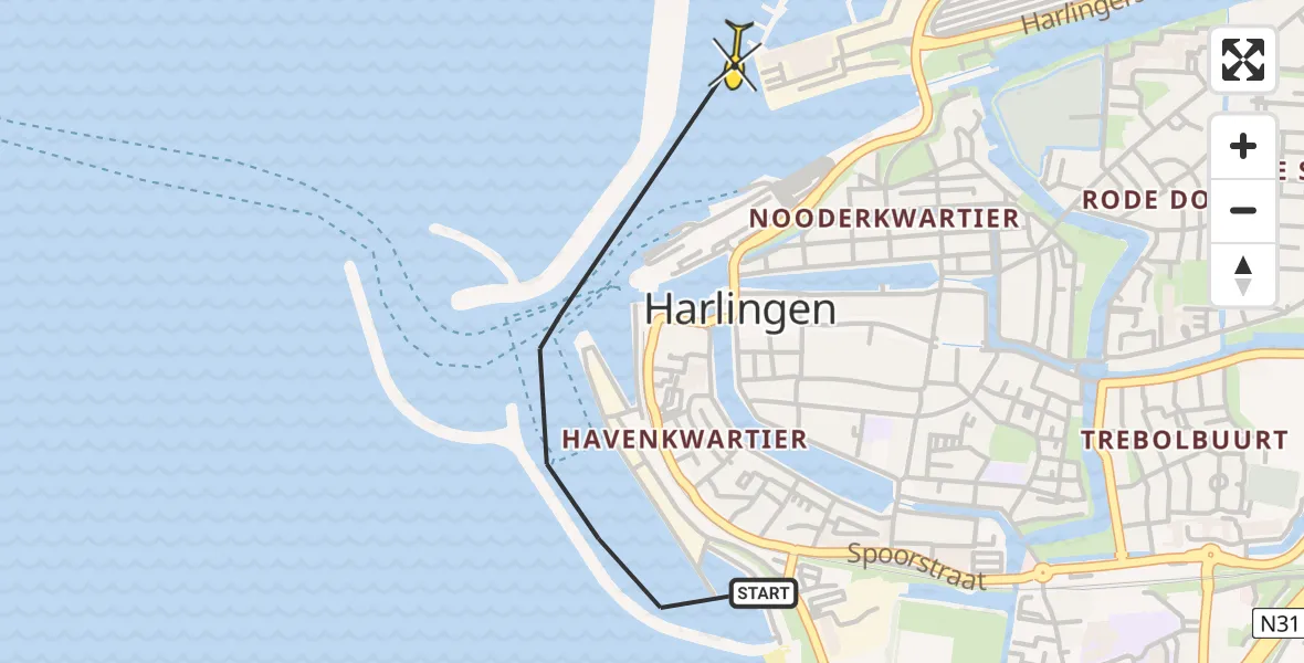 Routekaart van de vlucht: Kustwachthelikopter naar Harlingen, 1