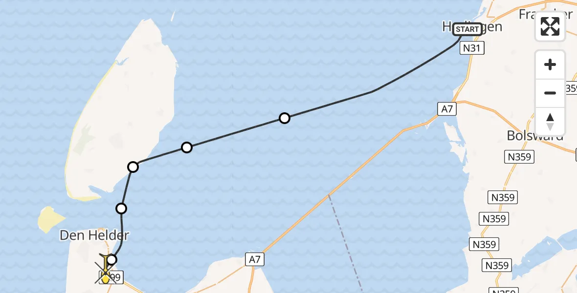 Routekaart van de vlucht: Kustwachthelikopter naar Vliegveld De Kooy, Nieuwe Voorhaven