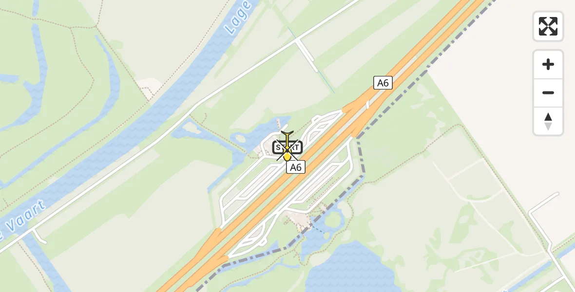 Routekaart van de vlucht: Lifeliner 1 naar Lelystad, Rijksweg A6 de Aalscholver