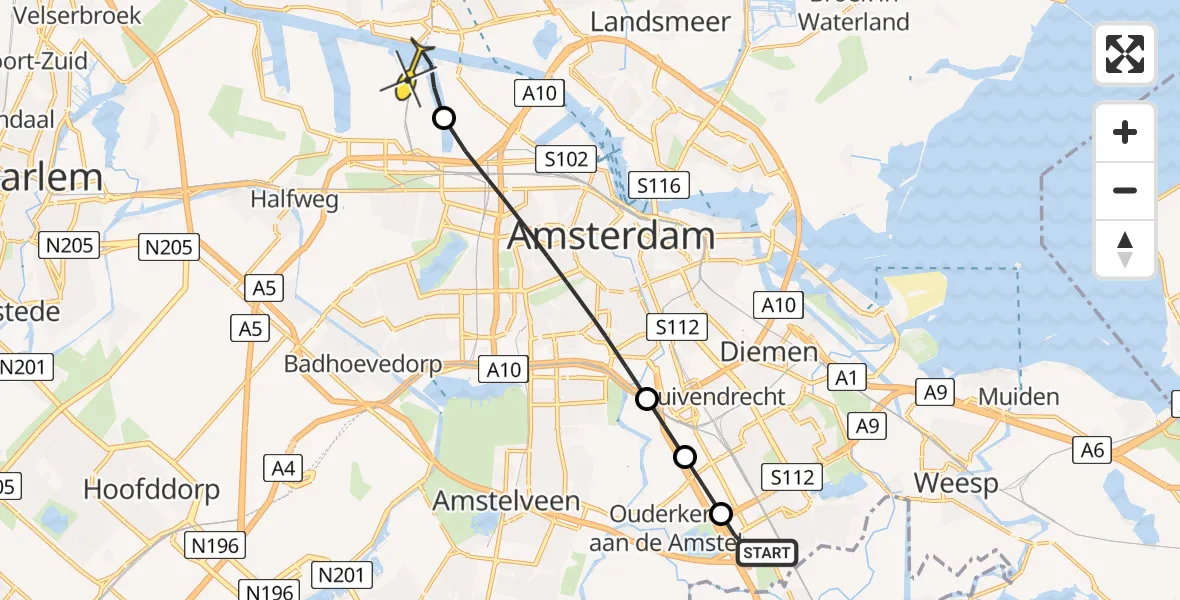 Routekaart van de vlucht: Lifeliner 1 naar Amsterdam Heliport, Meibergpad
