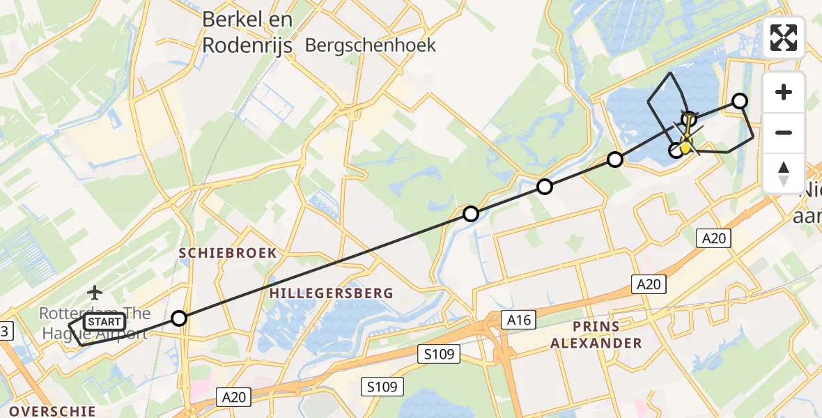 Routekaart van de vlucht: Lifeliner 2 naar Rotterdam, Fairoaksbaan