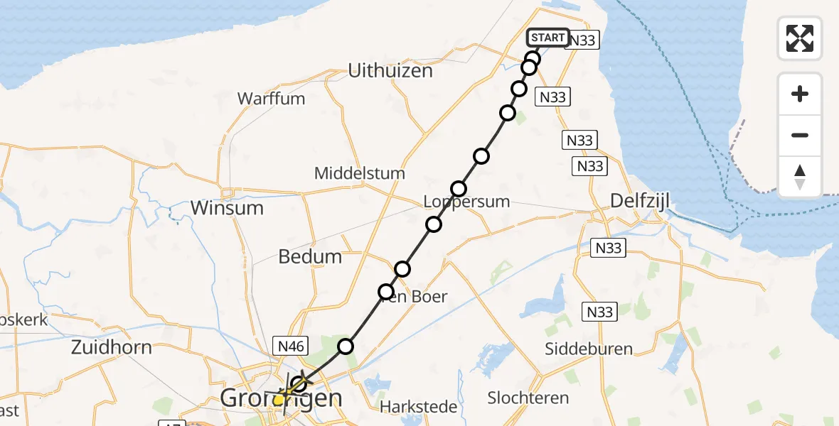 Routekaart van de vlucht: Lifeliner 4 naar Universitair Medisch Centrum Groningen, Buitenweg