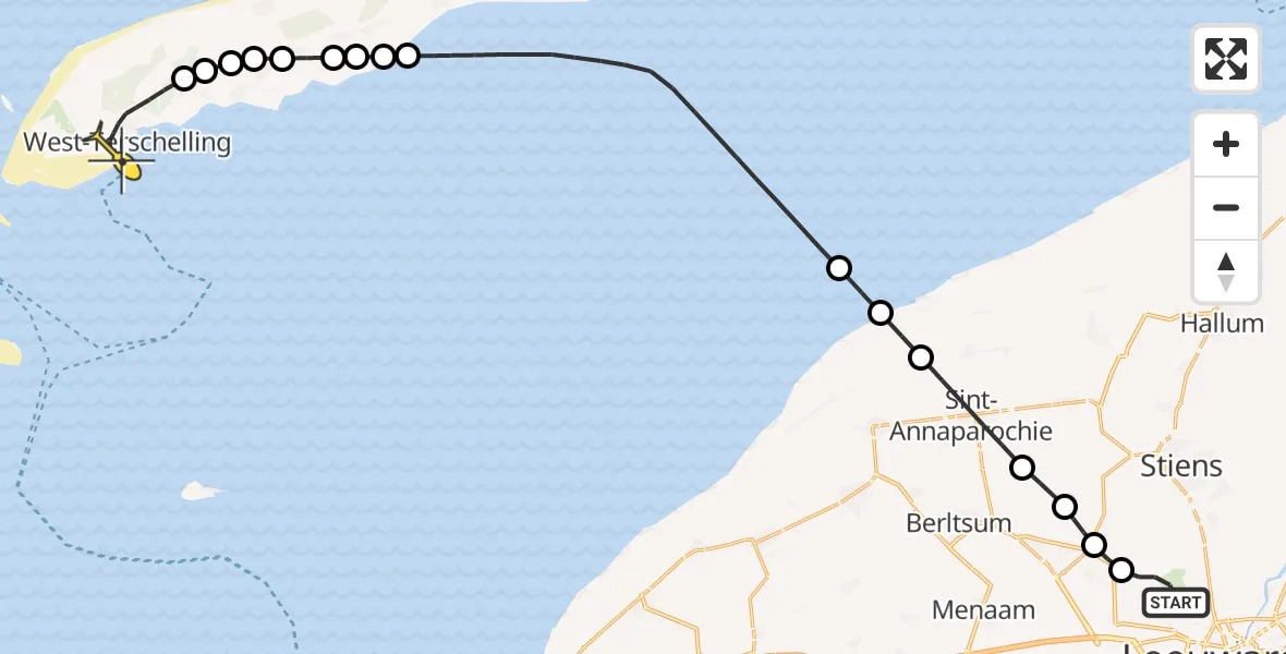 Routekaart van de vlucht: Ambulanceheli naar West-Terschelling, Keegsdijkje