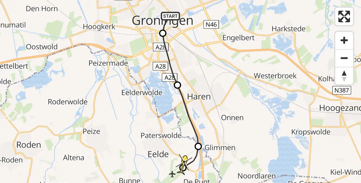 Routekaart van de vlucht: Lifeliner 4 naar Groningen Airport Eelde, Onderdoor