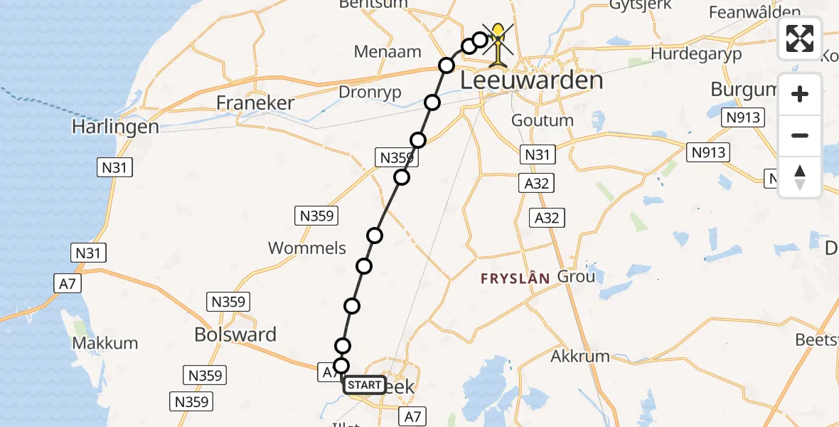 Routekaart van de vlucht: Ambulancehelikopter naar Vliegbasis Leeuwarden, Koperslagersstraat