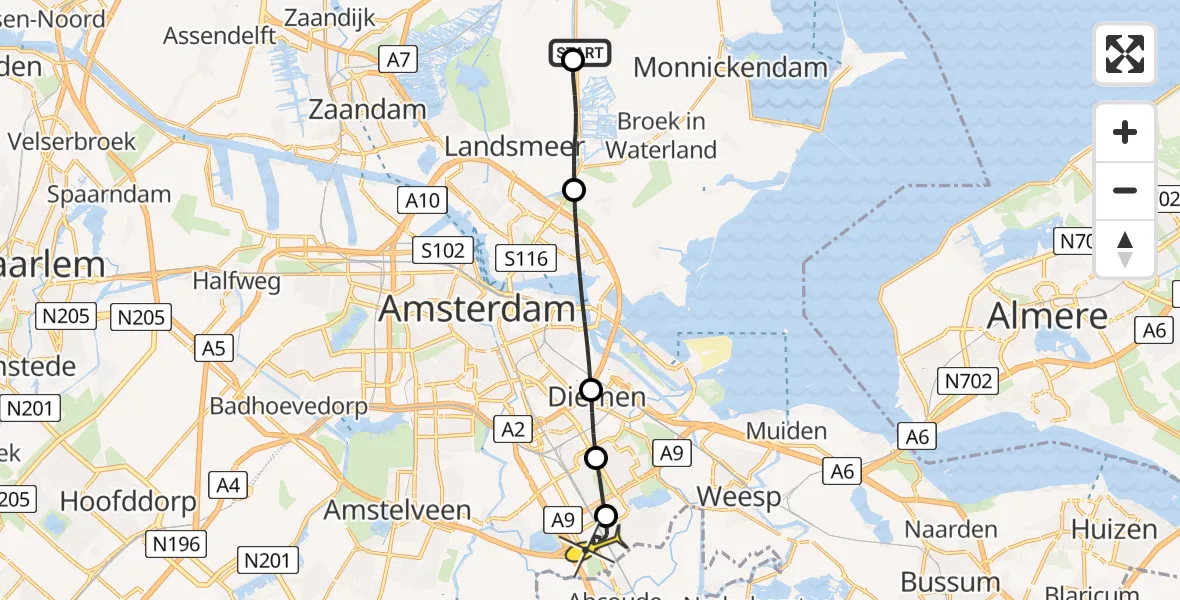 Routekaart van de vlucht: Lifeliner 1 naar Academisch Medisch Centrum (AMC), Kanaalweg