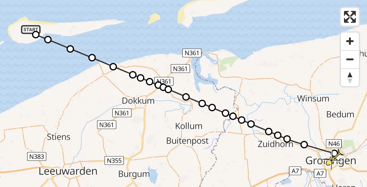 Routekaart van de vlucht: Ambulancehelikopter naar Universitair Medisch Centrum Groningen, Ballumermieden