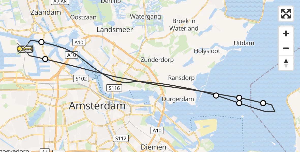 Routekaart van de vlucht: Lifeliner 1 naar Amsterdam Heliport, Kompasweg