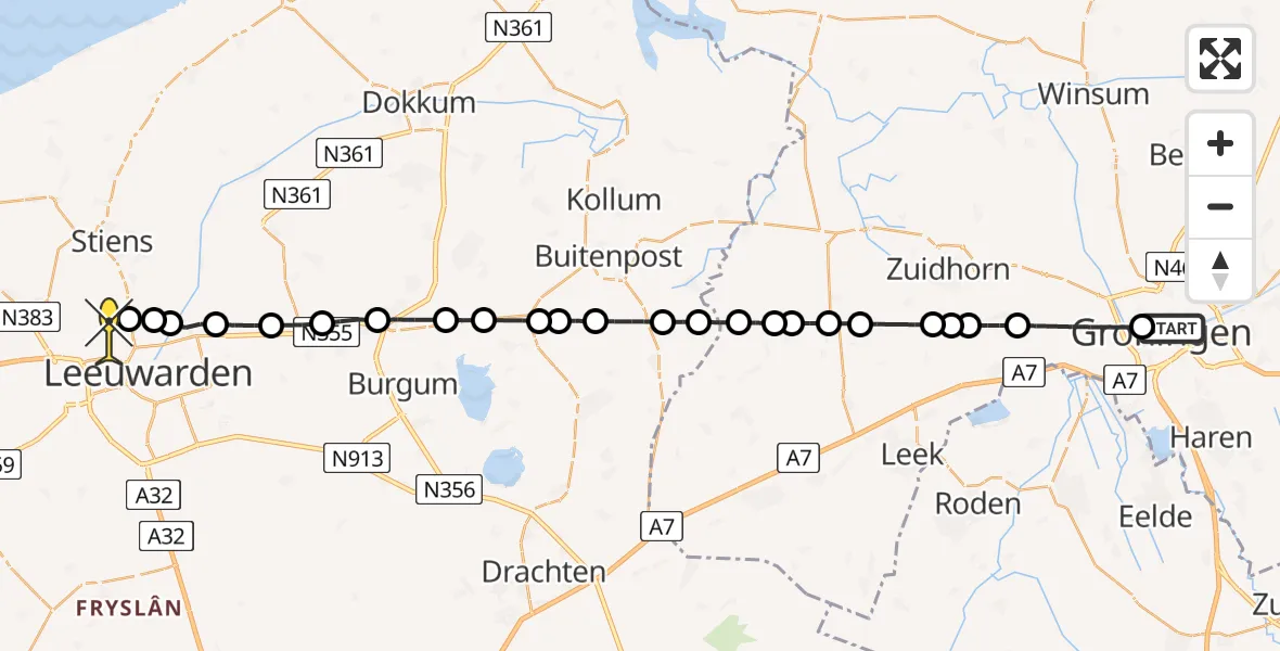Routekaart van de vlucht: Ambulanceheli naar Vliegbasis Leeuwarden, Lopendediep