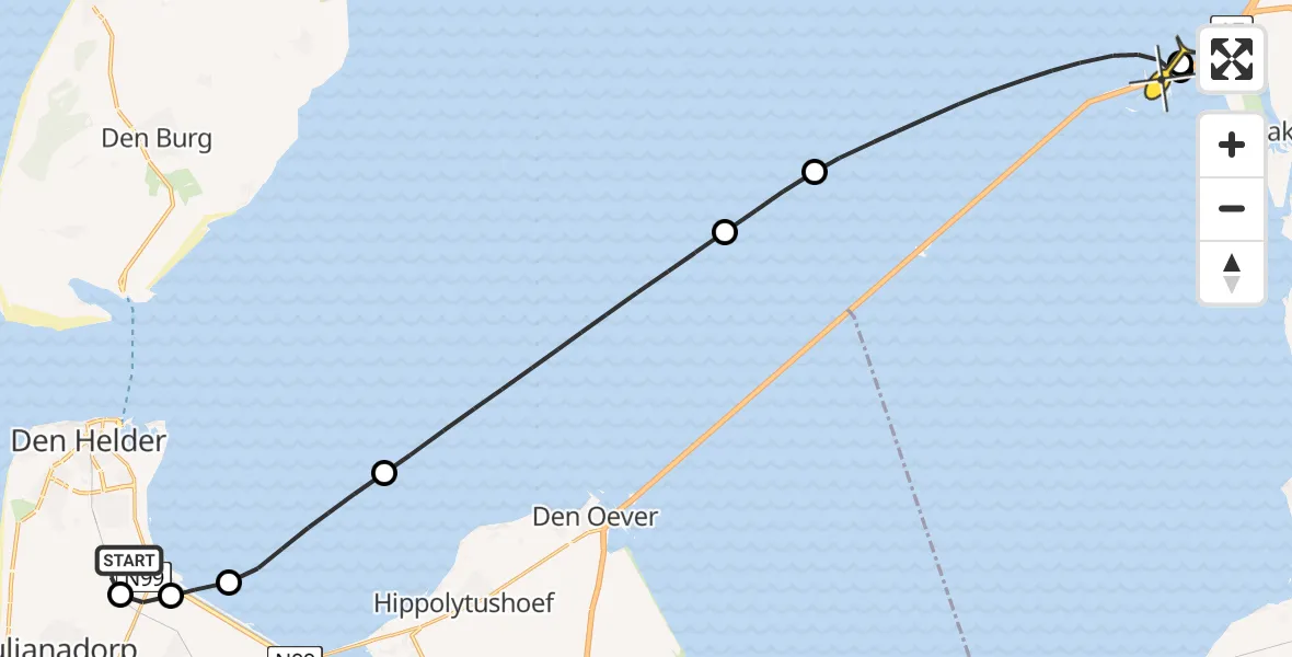 Routekaart van de vlucht: Kustwachthelikopter naar Kornwerderzand, Middenvliet