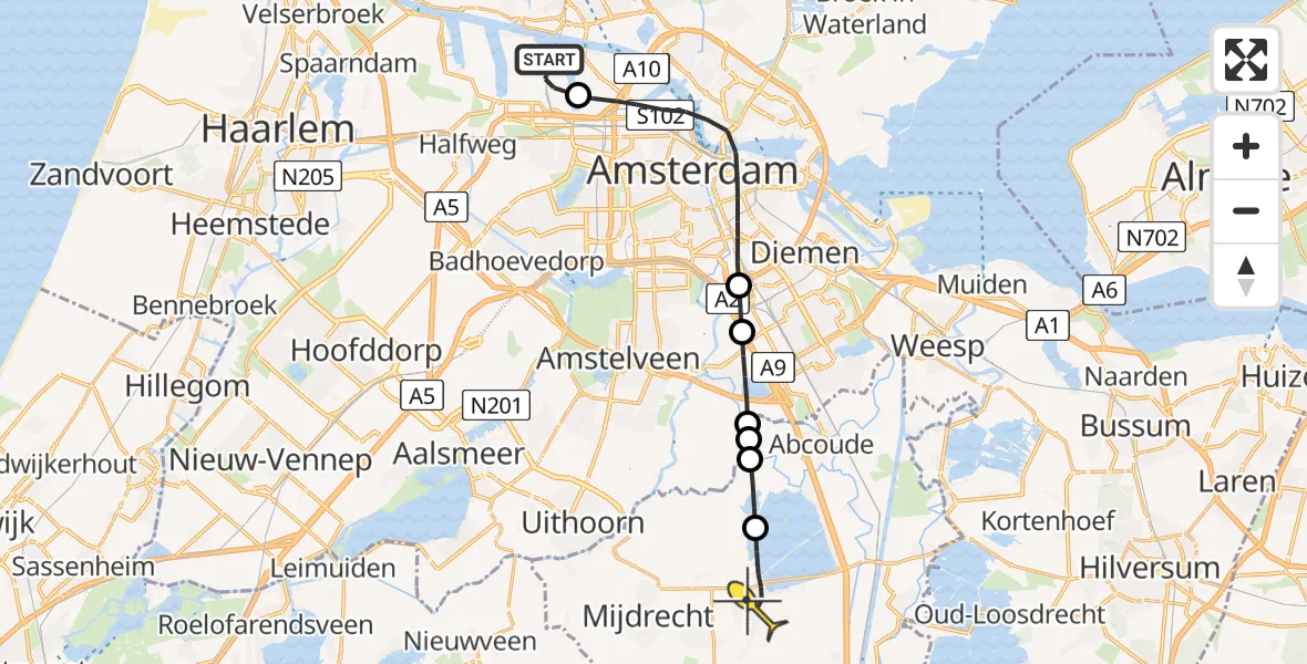 Routekaart van de vlucht: Lifeliner 1 naar Vinkeveen, Nieuw-Zeelandweg