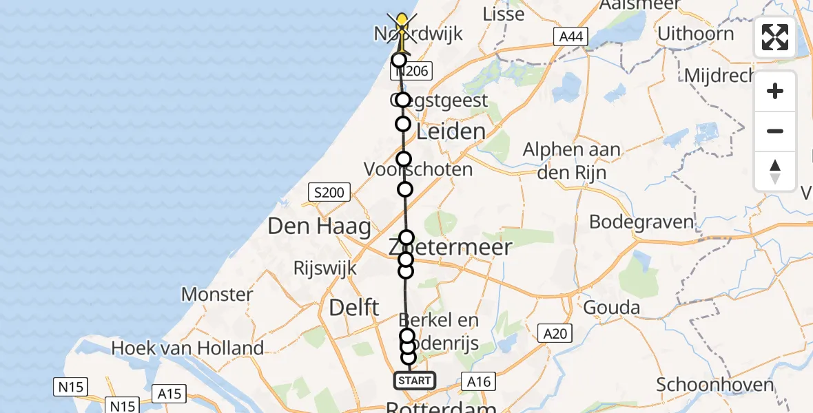 Routekaart van de vlucht: Lifeliner 2 naar Noordwijk, A16 Rotterdam