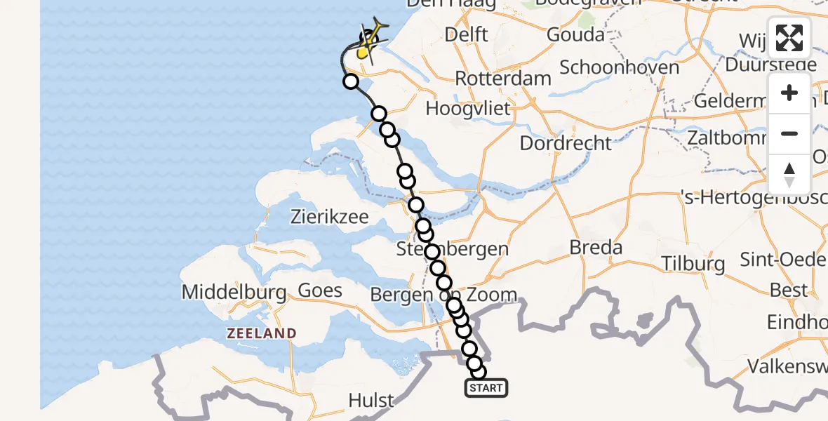 Routekaart van de vlucht: Politieheli naar Hoek van Holland