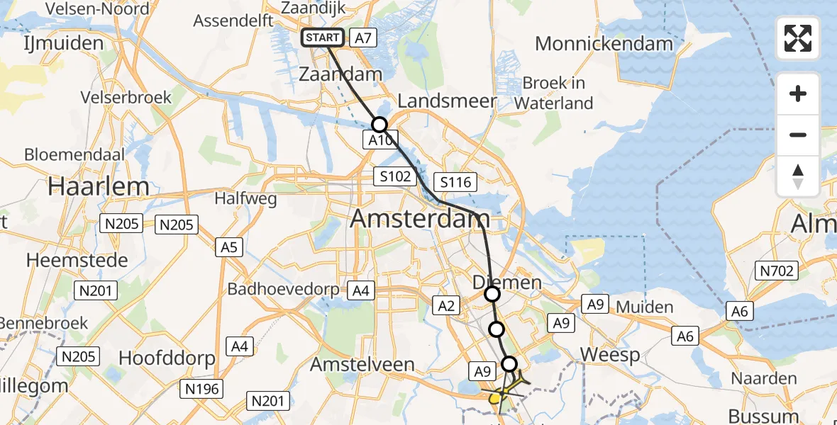 Routekaart van de vlucht: Lifeliner 1 naar Academisch Medisch Centrum (AMC), Rosmolenstraat