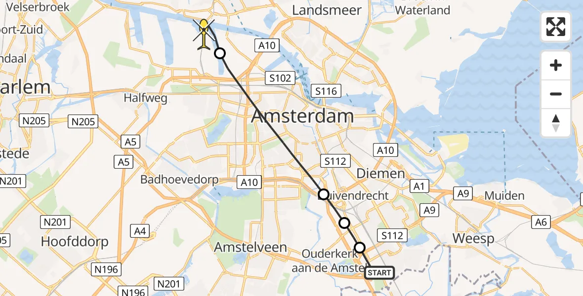 Routekaart van de vlucht: Lifeliner 1 naar Amsterdam Heliport, Schurenbergweg