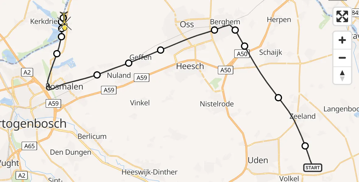 Routekaart van de vlucht: Politieheli naar Maren-Kessel, Zeelandsedijk