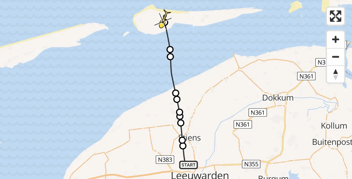 Routekaart van de vlucht: Ambulancehelikopter naar Ameland Airport Ballum, Keegsdijkje