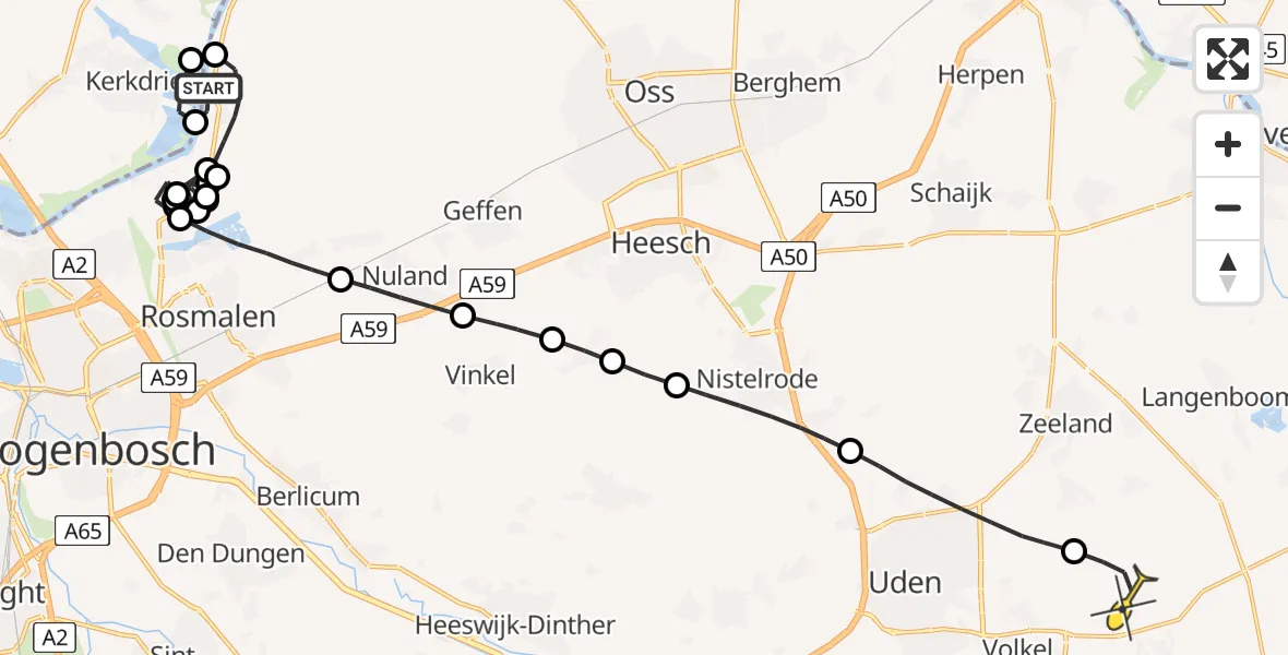 Routekaart van de vlucht: Politiehelikopter naar Vliegbasis Volkel, Zandstraat