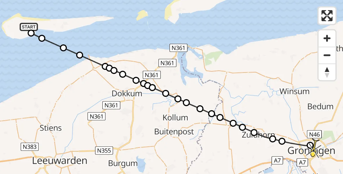Routekaart van de vlucht: Ambulanceheli naar Universitair Medisch Centrum Groningen, Zuiderweg