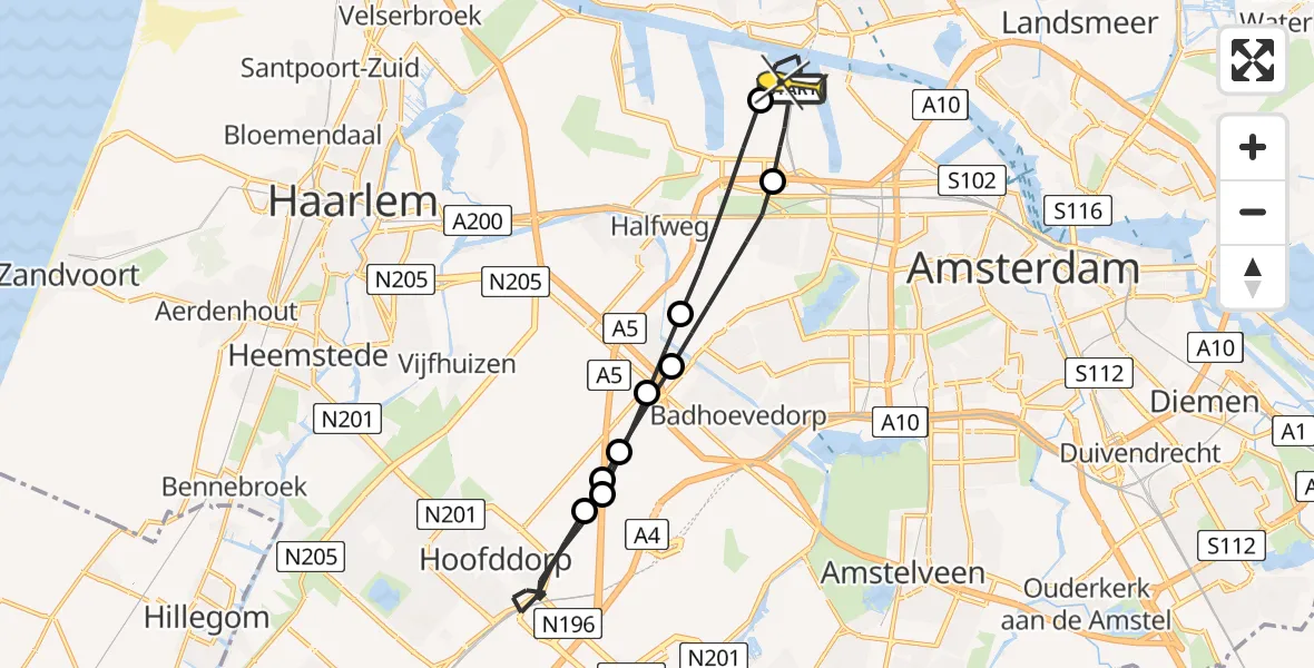 Routekaart van de vlucht: Lifeliner 1 naar Amsterdam Heliport, Nieuw-Zeelandweg