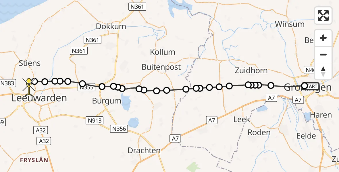 Routekaart van de vlucht: Ambulanceheli naar Vliegbasis Leeuwarden, Grote Leliestraat