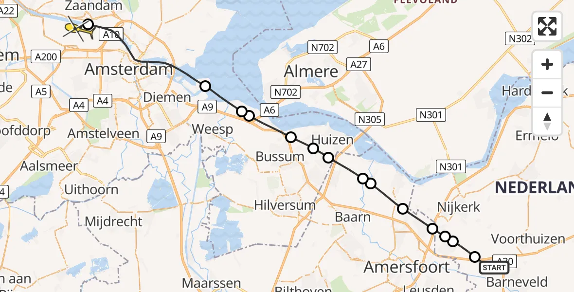Routekaart van de vlucht: Lifeliner 1 naar Amsterdam Heliport, Molweg
