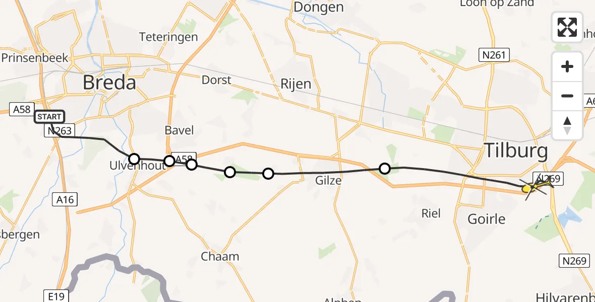 Routekaart van de vlucht: Lifeliner 2 naar Tilburg, Rijsbergseweg