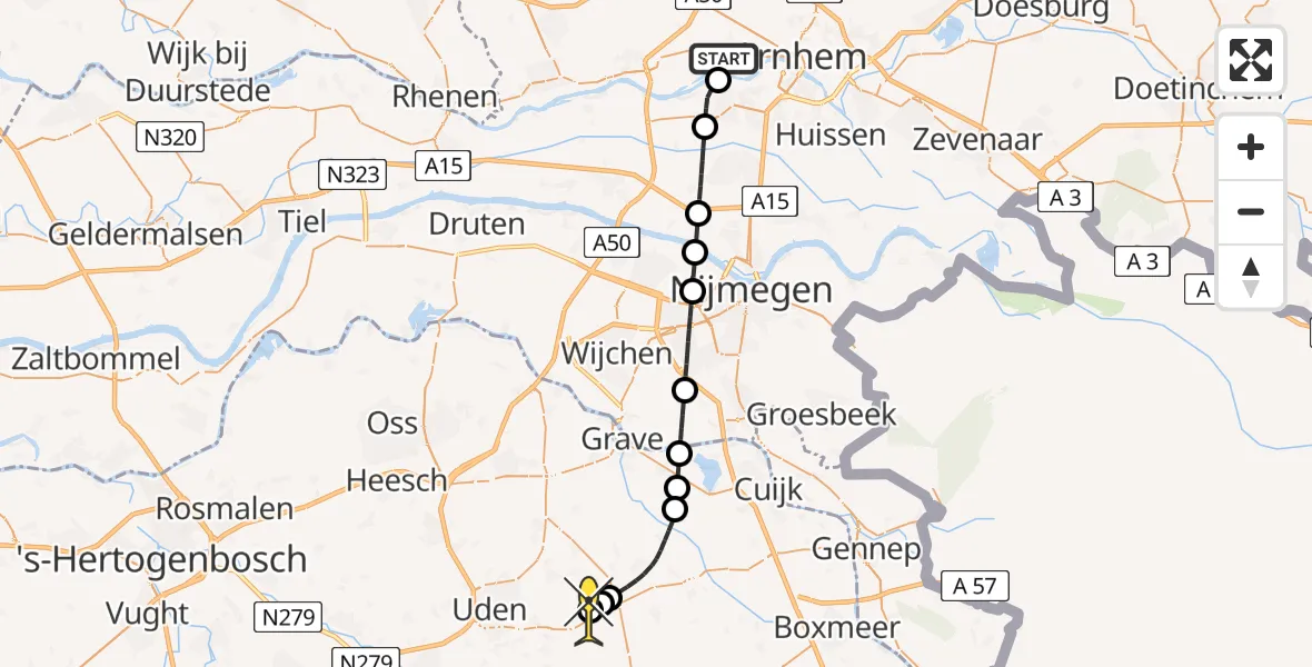 Routekaart van de vlucht: Lifeliner 3 naar Vliegbasis Volkel, Leigraaf Oosterbeek
