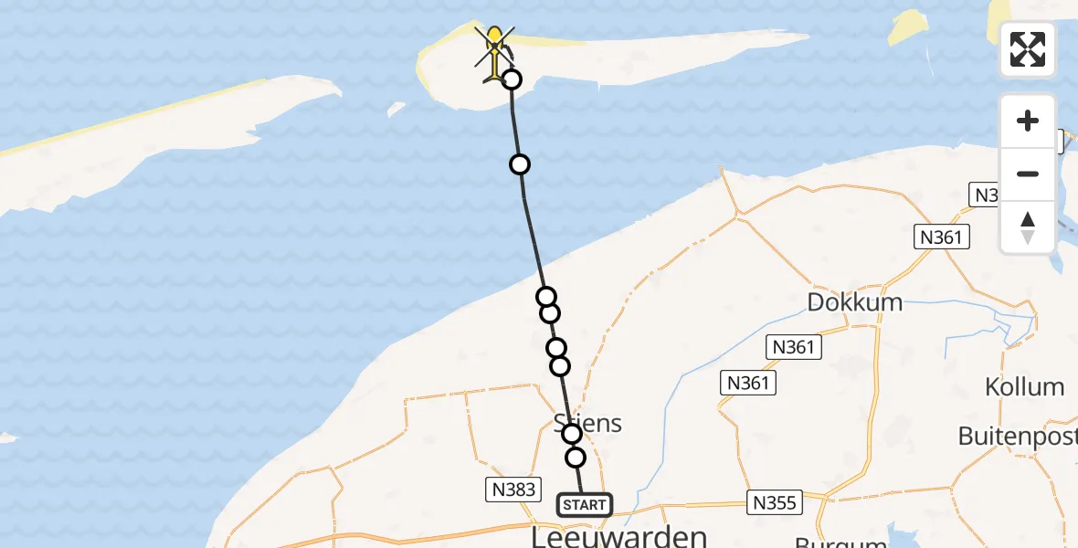 Routekaart van de vlucht: Ambulanceheli naar Ameland Airport Ballum, Keegsdijkje