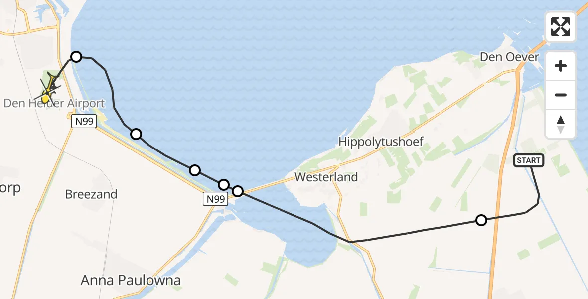 Routekaart van de vlucht: Kustwachthelikopter naar Vliegveld De Kooy, Hendrik's pad