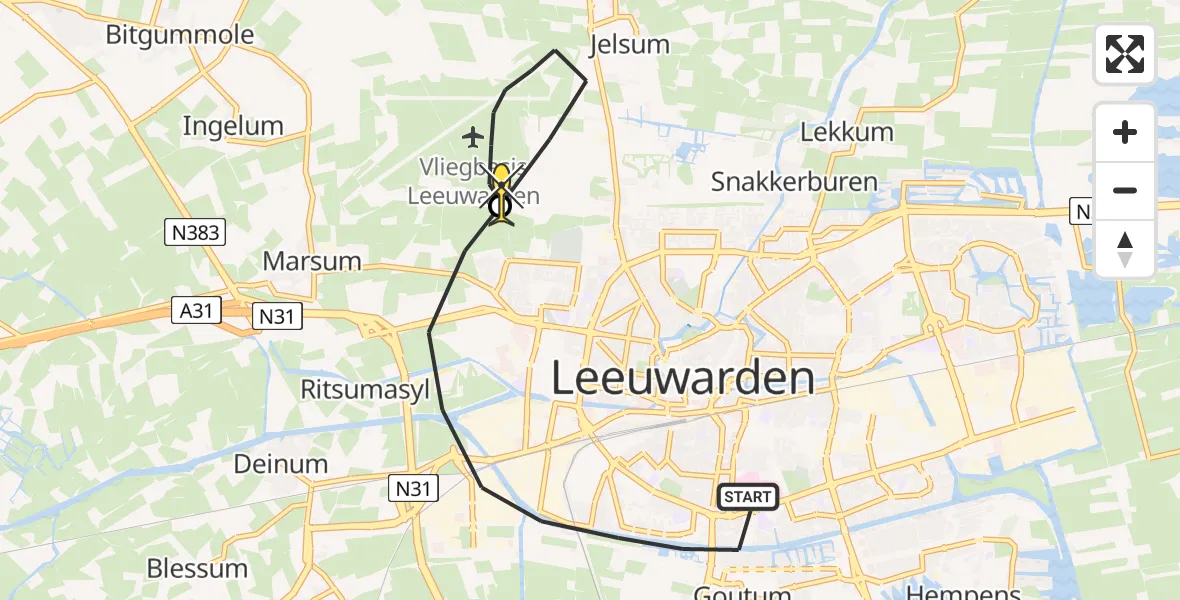 Routekaart van de vlucht: Ambulanceheli naar Vliegbasis Leeuwarden, Broukade