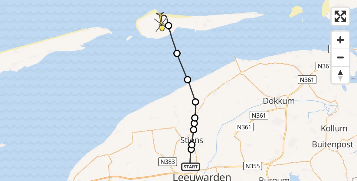 Routekaart van de vlucht: Ambulancehelikopter naar Ameland Airport Ballum, Buitengebied Noordwest