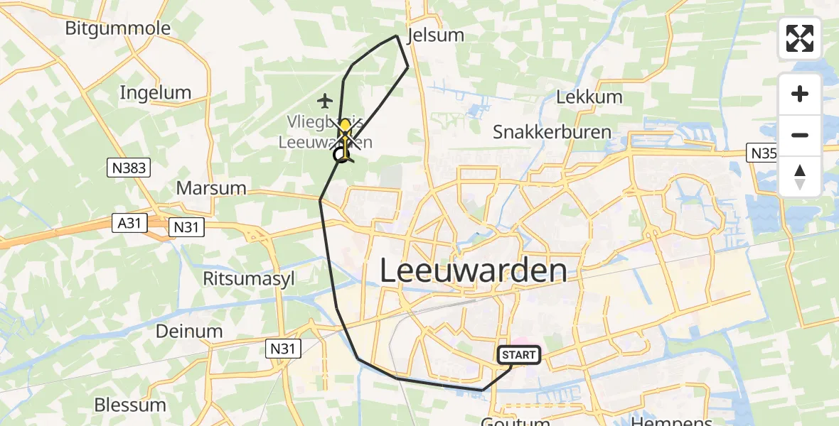 Routekaart van de vlucht: Ambulancehelikopter naar Vliegbasis Leeuwarden, Nijlânsdyk