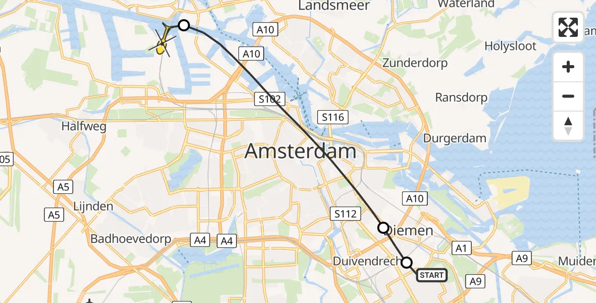 Routekaart van de vlucht: Lifeliner 1 naar Amsterdam Heliport, Charley Tooropgracht