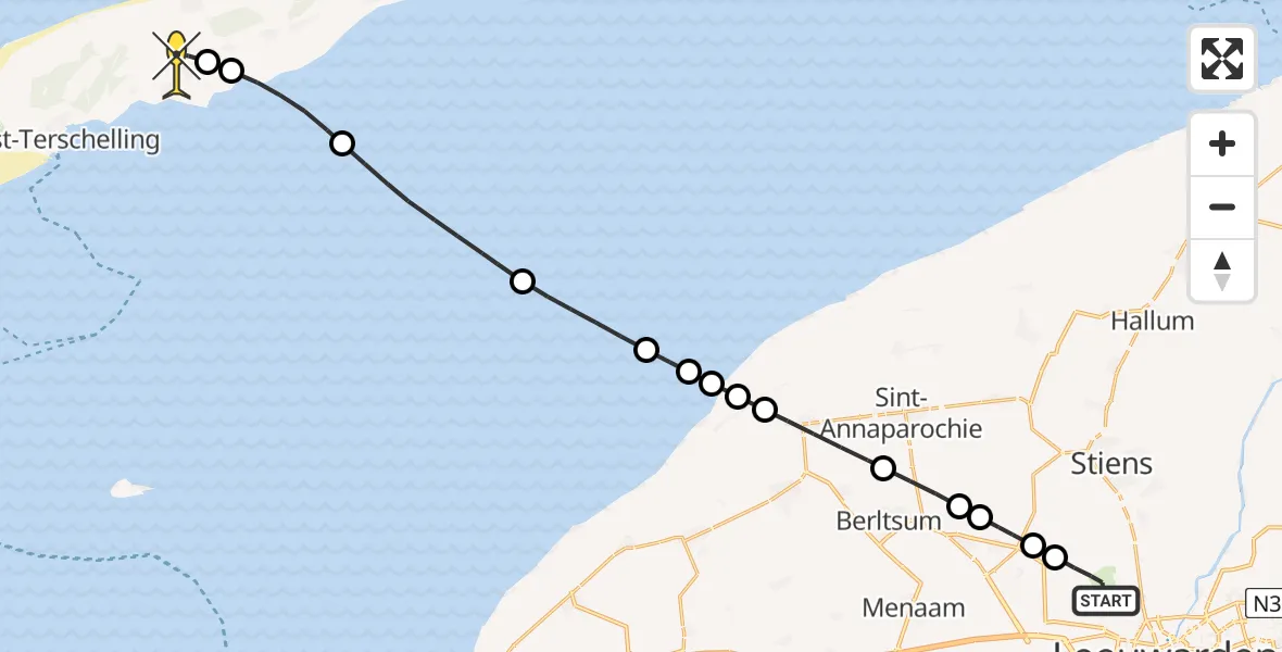 Routekaart van de vlucht: Ambulanceheli naar Midsland, Buitengebied Noordwest