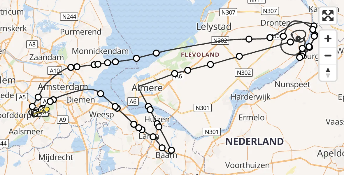 Routekaart van de vlucht: Politieheli naar Schiphol, Amsterdam-Bataviaweg