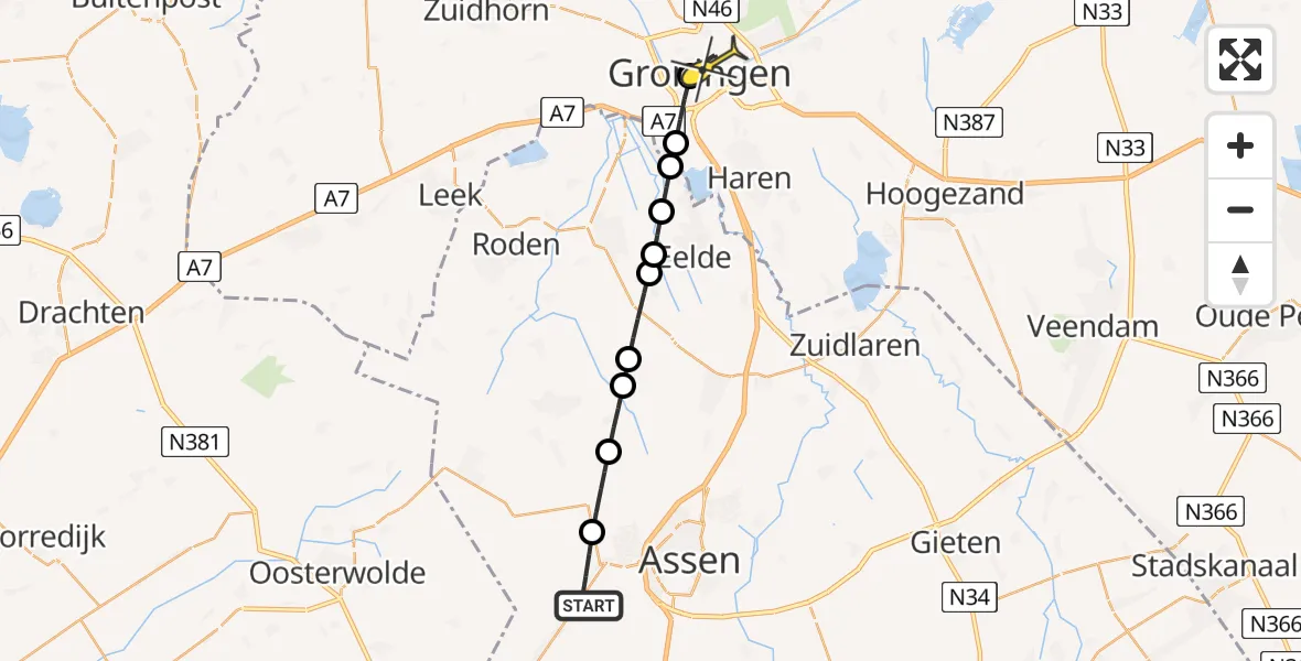 Routekaart van de vlucht: Lifeliner 4 naar Universitair Medisch Centrum Groningen, Hoofdweg