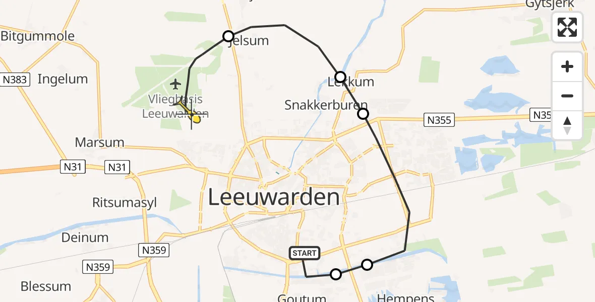 Routekaart van de vlucht: Ambulancehelikopter naar Vliegbasis Leeuwarden, Dobbehôf